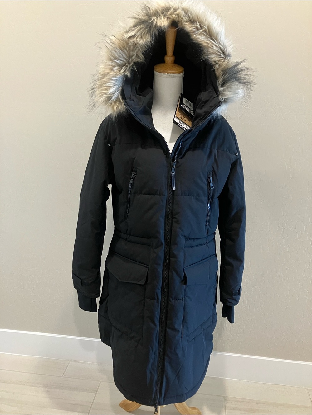 Long Black Parka with Faux Fur Trim detachable hood NWT